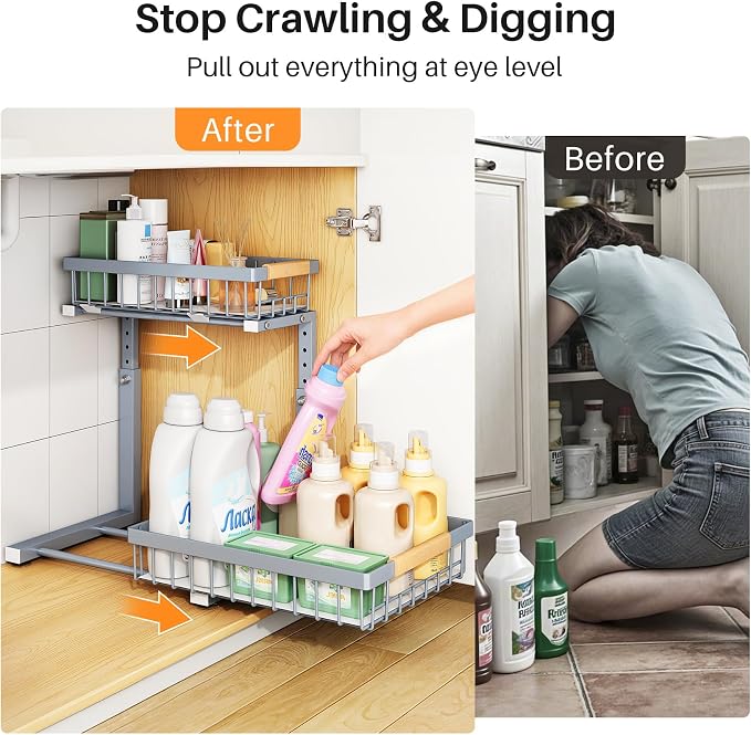 PXRACK Under Sink Organizer, Adjustable Height, 2 Tier Pull Out Under Cabinet Organizer, Slide Out Thickened Metal Under Sink Storage for Kitchen Bathroom Laundry Pantry Cabinet, Grey, Large-1-Pack - Image 4