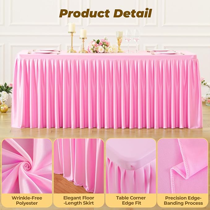 Pink Polyester Table Cloths for Rectangle 8 Foot Tables, 6 Pack Wrinkle Free Tablecloths Stretchy Banquet Ruffle Fitted Table Cover Desk Skirt for Parties Wedding Birthday Baby Shower - Image 4