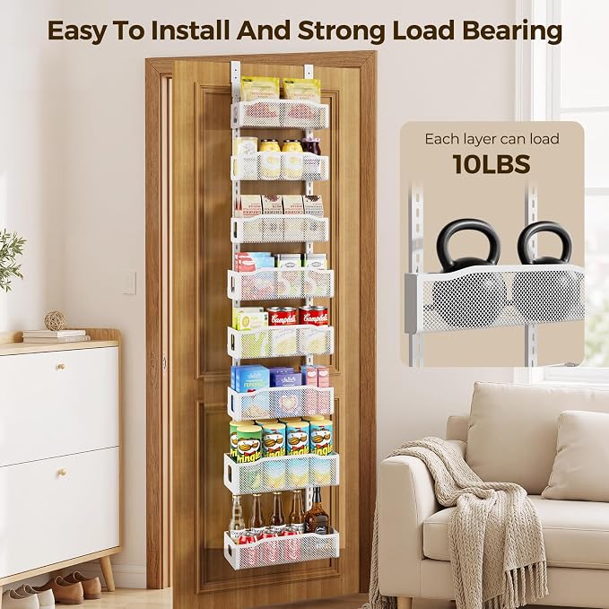 Delamu 8 Tier Over the Door Pantry Organizer, 2in1 Hanging or Wall Mount Spice Rack Seasoning, Adjustable Heavy-Duty Narrow Pantry Door Organizer and Storage for Kitchen Cabinet and Bathroom,12" White - Image 5