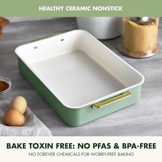 GreenPan Bakeware 13” x 9” Rectangular Cake Pan, Ceramic Nonstick Baking Pan, PFAS & BPA Free, Gold Handles, Durable Steel, Freezer to Oven Dish, Scratch Resistant, Bake & Roast Ovenware, Sage Green - Image 2