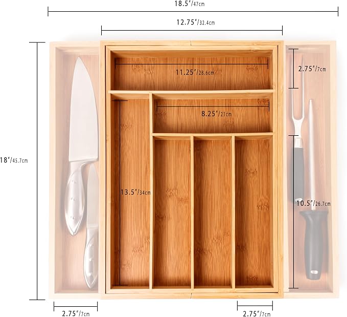 BergHOFF Bamboo 8-Slot Expandable Flatware Organizer Fits Most Kitchen Drawers, Expand from 12.75" to 18.5" | Durable Wood Drawer Divider For Flatware Storage, Adjustable Kitchen Silverware & Cutlery Tray, Fits 12.75" To 18.5" Drawers - Image 5
