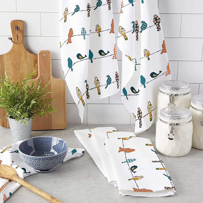 Smile Sunflower Kitchen Towels Microfiber Cleaning Cloths, Birds on The Wire Teal Grey Orange Soft Dish Towels for Kitchen, 1 Piece Absorbent Hand Towels Reusable Tea Towels,Bar Towels,18x28 Inch - Image 3