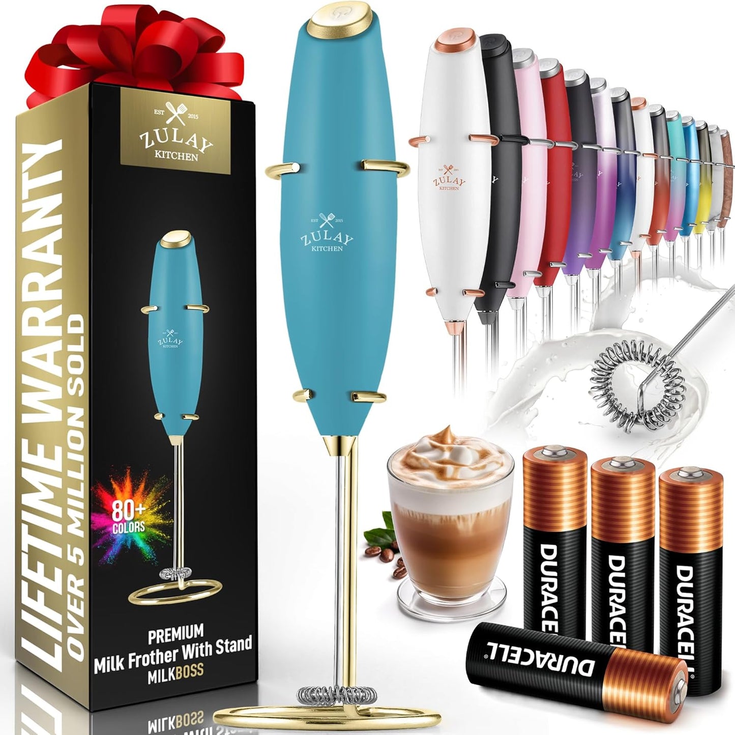 Zulay Kitchen Powerful Milk Frother Wand With 4 AA Duracell Batteries - Ultra Fast Handheld Drink Mixer - Electric Whisk Foam Maker for Coffee, Lattes, Cappuccino, Matcha & Creamer -