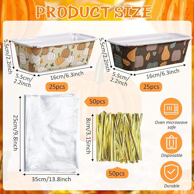 Hushee 50 Sets Fall Paper Loaf Pan 6.3 x 2.2 x 2.2 Inch Disposable Cake Pan Liners with Clear Plastic Bags and Ties Rectangle Paper Baking Mold for Thanksgiving Autumn Bread Cake Bakery(Pumpkin) - Image 2