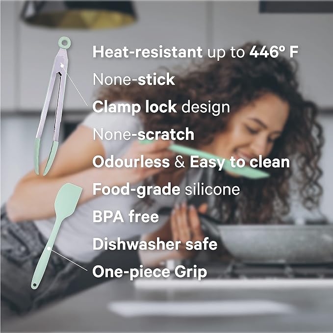 K & G Silicone Cooking Utensils Set of 11 Pieces Food Grade, Heat Resistant Green Kitchen Utensils Set Non-Stick Dishwasher Safe, Odourless and Cookware Friendly utensils - Image 4
