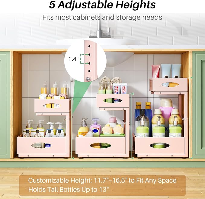 Under Sink Organizer, 2-Pack Pull Out Cabinet Organizer 2 Tier Metal Slide Out Storage Shelf Rack, L-Shaped Adjustable Height,Mesh Sliding Drawer for Kitchen, Bathroom, Laundry, Pantry, Pink, XL - Image 5
