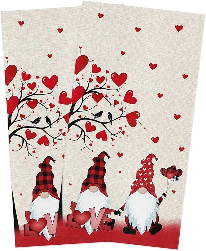 Kitchen Towels,Microfiber Cleaning Cloths, Valentine's Day Cute Gnome Red Love Heart Soft Dish Towels for Kitchen, Pack of 2 Absorbent Reusable Dish Towels,Tea Towels,Bar Towels,18x28 Inch by Smile+Sunflower