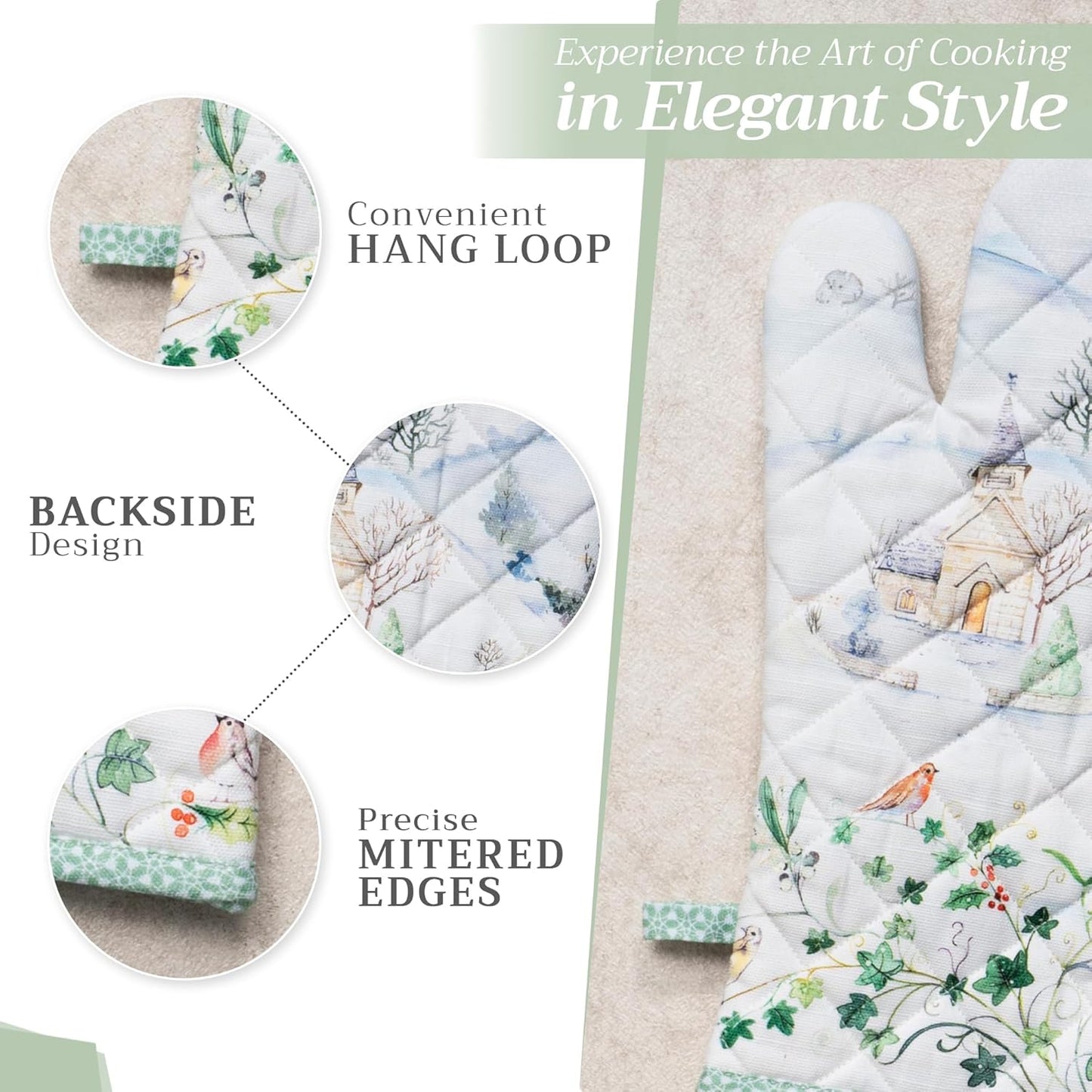 Maison d' Hermine 100% Cotton Oven Mitt & Pot Holder Set (7.5"x13" & 8"x8") Heat Resistant BBQ Cooking Gloves with Loop, Baking, Grilling, Kitchen, Handling Hot Pans (Snowy World)