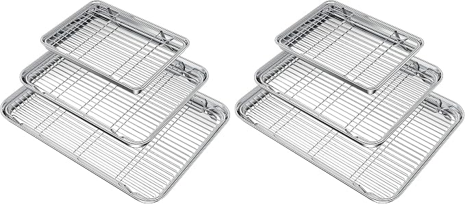 Wildone Baking Sheet with Rack Set (3 Pans + 3 Racks), Stainless Steel Baking Pan Cookie Sheet with Cooling Rack, Non Toxic & Heavy Duty & Easy Clean (Pack of 2) by Wildone