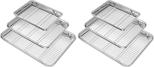Wildone Baking Sheet with Rack Set (3 Pans + 3 Racks), Stainless Steel Baking Pan Cookie Sheet with Cooling Rack, Non Toxic & Heavy Duty & Easy Clean (Pack of 2) by Wildone