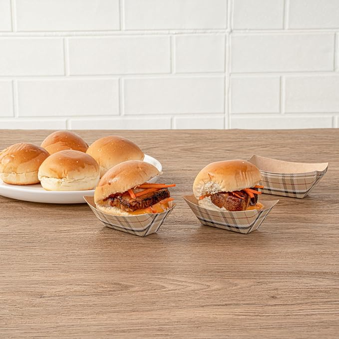 Restaurantware-Bio Tek 2 Ounce Food Boats, 50 Disposable Paper Food Trays - Heavy-Duty, Greaseproof, Plaid Paper Food Boats, for Snacks, Appetizers, Or Treats, Use At Parties Or Carnivals - Image 3