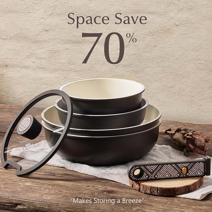 CAROTE 21pcs Ceramic Cookware Set, Pots and Pans Set with Detachable Handle - Image 4