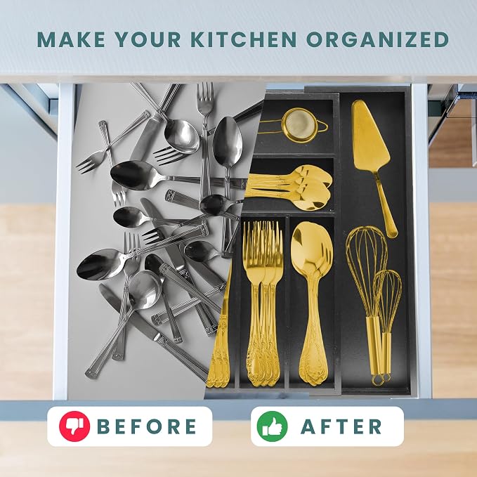 Sben Bamboo Cutlery Drawer Organizer, Black, Large - Image 5