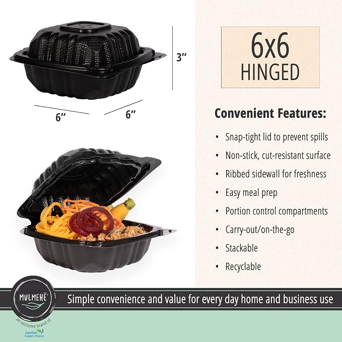 MULMEHË Eco-Friendly Mineral Filled Polypropylene Plastic Hinged Take Out Food Containers, 6x6x3, Vented Single Compartment, Black (250) - Image 2