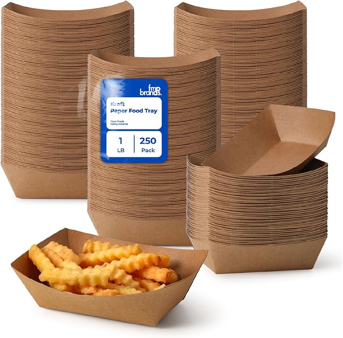 Fit Meal Prep [250 Pack 1 lb Paper Food Boats Heavy Duty Disposable Food Trays, Kraft Brown Nacho Tray for Parties Fairs Picnics Carnivals, Holds Sause Candies Nut Grease Resistant by FMPBRANDS