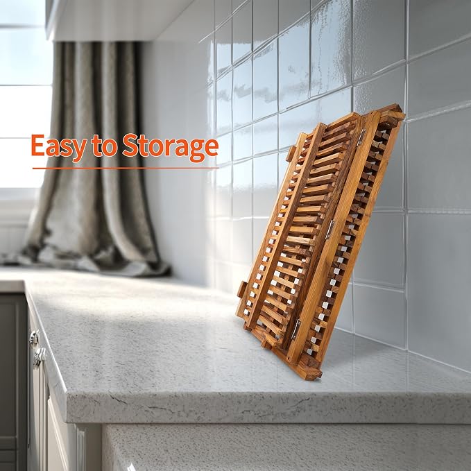 Utoplike Large Teak Dish Drying Rack, Wood Collapsible Organizer for Plates - Image 8