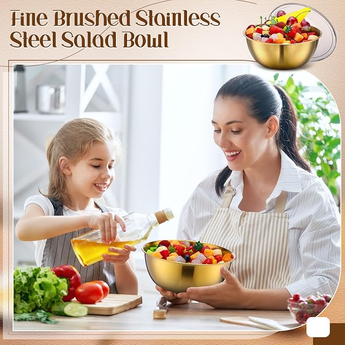 Nuogo 12 Pack 8.27 Inches Gold Stainless Steel Mixing Bowls with Airtight Lids Stackable Metal Serving Esthetician Facial Bowls for Salad, Fruit, Soup & Kitchen Prep - Image 5