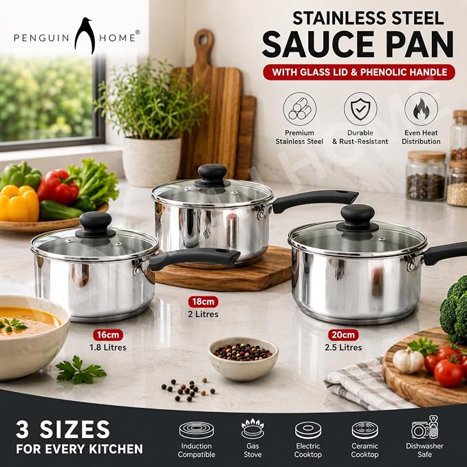 Penguin Home Professional Induction-Safe Saucepan with Lid, Stainless Steel, 16 cm, 1.5 L - Image 2
