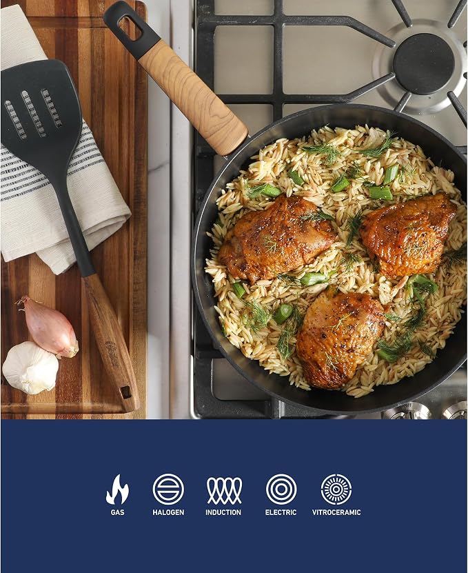 Oster Platinum Oxburg 10 Inch Frying Pan Forged Aluminum PFA Free Non-toxic Premium Ceramic Non Stick Interior Skillet, Kitchen Egg Pan, Omelet Pan - Black w/Wood Handles - Image 4