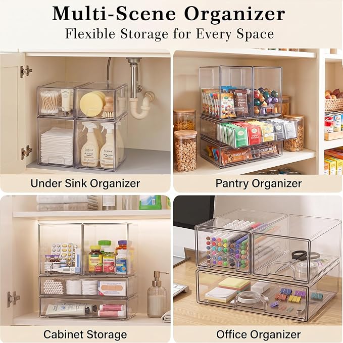 Clear Stackable Storage Drawers: Acrylic Organizer Bins 6 Pack | for Baby Bottle makeup Ideal for Countertop, Vanity, Station, Bathroom, Kichen Cabinet Pantry Organization - Image 8