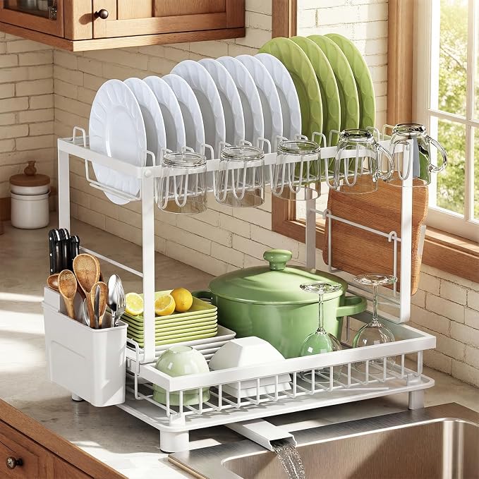 2-Tier Dish Drying Rack for Kitchen Counter, Space-Saving, White by Nfnoyp