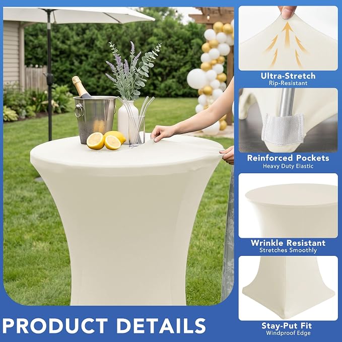 Cocktail Table Covers-Spandex Round High Top Table Cloths Party Cream - Image 2