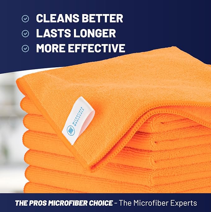 MW PRO Microfiber Cleaning Cloths Orange (12 Pack, 12x12) - Commercial Janitorial Towels & Lint Free Rags - Heavy Duty for Auto Detailing, Glass Windows, Housekeeping & Screens - Washable 300+ Times - Image 2