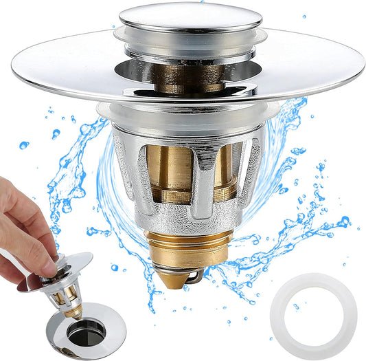 Bathroom Sink Stopper - for 1.25" Standard Drain Holes, Pop Up Sink Strainer, Bullet Core Push Type Stainless Steel Plug