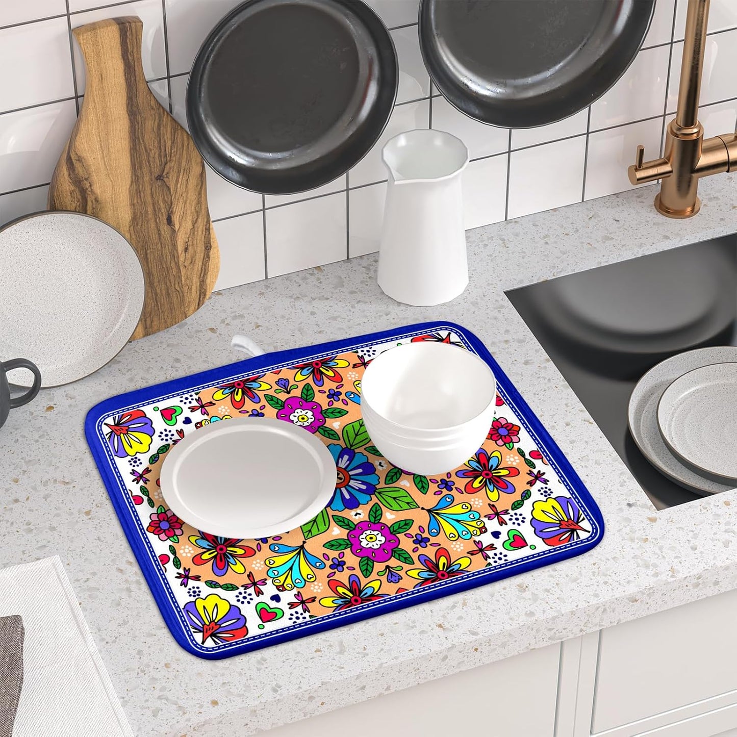 Mexican Talavera Dish Drying Mat Navy Blue Microfiber Dish Drain Pad for Kitchen Decor
