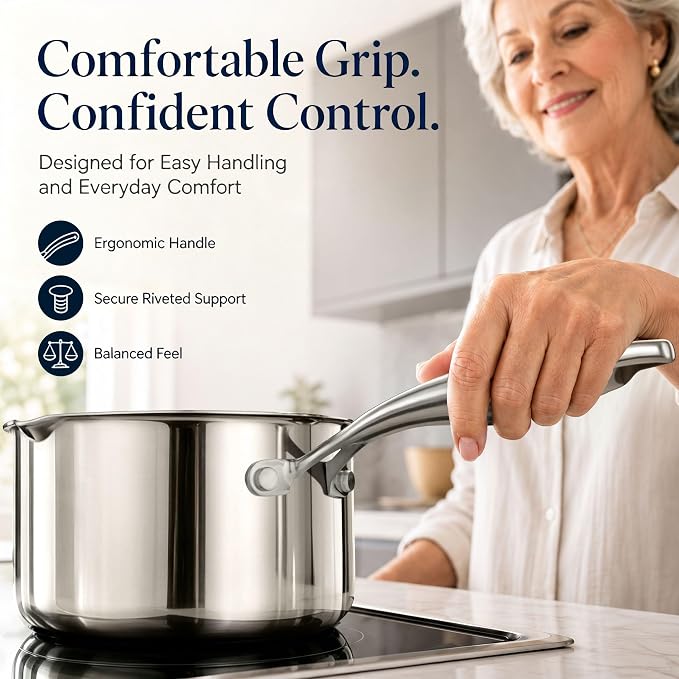 Cyrosa 3.5 Quart Saucepan with Lid, Stainless Steel Sauce Pot with Strainer Lid, Two Side Spouts for Easy Pour with Ergonomic Handle, Dishwasher Safe - Image 3