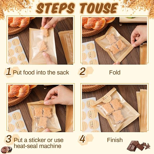 Outus 100 Pcs Cookie Packaging Bags with Seal, 4 x 6 Inch, Brown | Bakery Pastry Bags with Window, Heat Sealable Grease Resistant Paper to Go Bake Sleeves for Gift Giving Donut Bread Sandwich - Image 4
