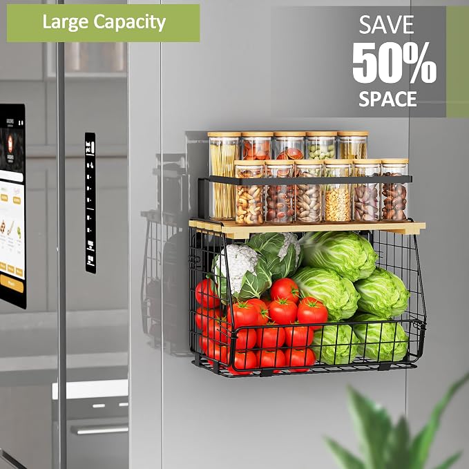 2 Pack Magnetic Shelf for Fridge, Fruit Potato Onion Storage Bins | Magnetic Basket with Lid, Side of Fridge Storage, Produce Basket for Fruits Vegetables Spices, Kitchen Pantry Organizer - Image 3