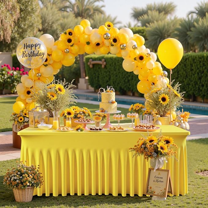 leegleri 4 Pack Yellow Spandex Fitted Table Clothes for 8 Foot Rectangle Tables, Wrinkle Free 8ft Spandex Table Cover, Spandex Table Skirt for 8FT Rectangle Tables-for Banquet Weddings Parties - Image 6
