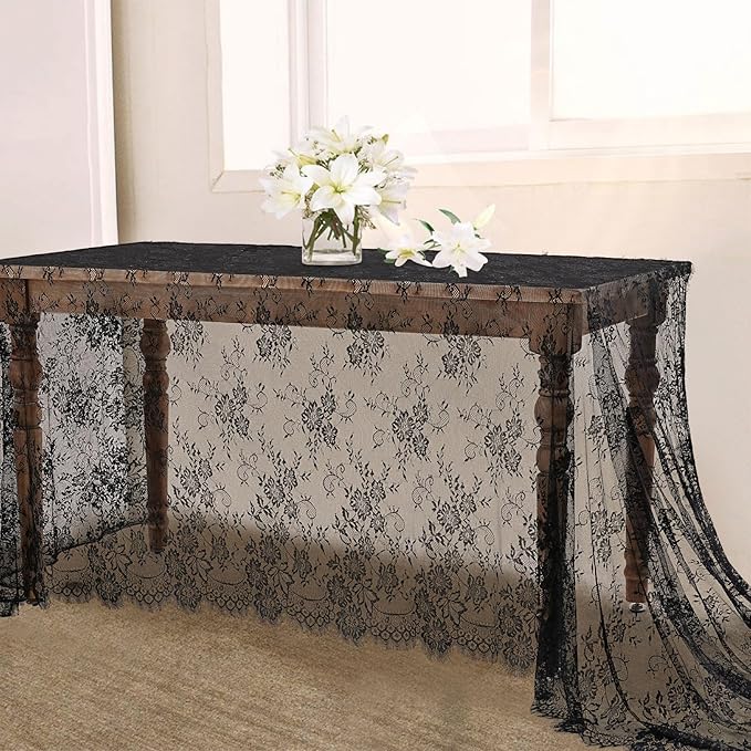 Vintage Black Lace Tablecloth 6pcs Table Fabric 60x120 Inch for Scary by LuoluoHouse