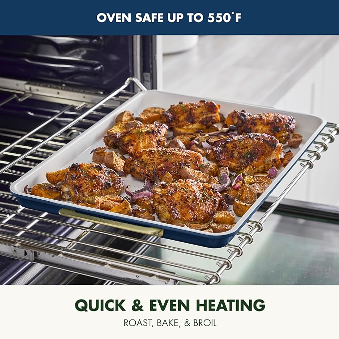 GreenPan Bakeware 13"x18" Half Baking Sheet Pan, Ceramic Nonstick Baking Pan, PFAS & BPA Free, Gold Handles, Durable Steel, Versatile & Space Saving Ovenware, Freezer to Oven Dish, Oxford Blue - Image 6