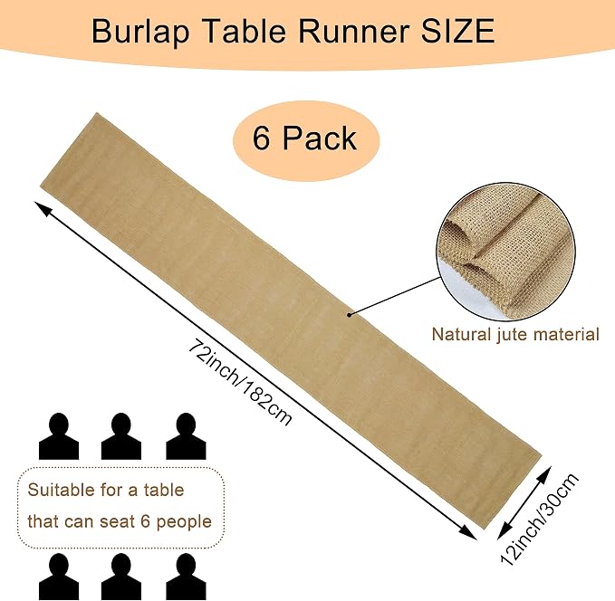 6 Pack Natural Burlap Table Runners,12 x 72 Inch Rustic Jute Table Runner and Placemats Bulk for Western Wedding Table Decorations,Farmhouse Style Party,Holiday,Kitchen Coffee Table Decor Cover - Image 2