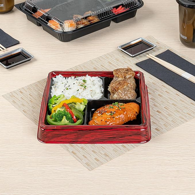 Bento Tek 17.9 Ounce Meal Prep Containers, 50 Disposable To Go Food Boxes - Lids Sold Separately, 4 Compartments, Red And Black Plastic Bento Lunch Boxes, Freezable, For Take Out - Restaurantware - Image 4