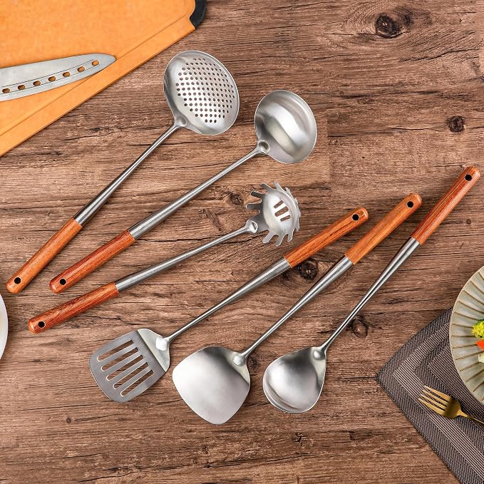 FJNATINH 304 Stainless Steel Kitchen Utensil Sets-6 PCS Wok Spatula Sets Cooking Utensil Tools Spatula, Soup Ladle, Skimmer, Slotted Spatulas Tunner, Spaghetti Spoon - Image 3