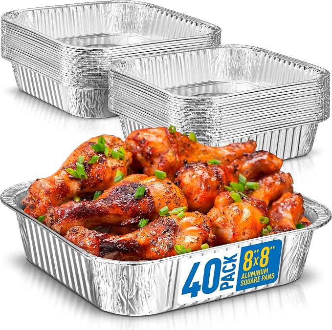 8x8 Disposable Aluminum Pans - 40 Pack Foil Pans For Cooking, Baking Cakes, Roasting & Homemade Breads - Disposable Food Containers by Plastible