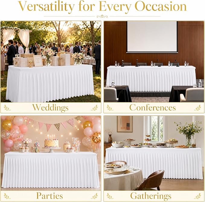 3 Pack White Spandex 6ft Rectangle Tablecloths with Skirts - Image 7