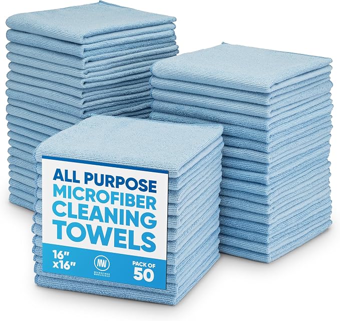 Microfiber Wholesale 16" x 16" All Purpose Towels - 50 Pack - Reusable Wash Cloths, Dust, Kitchen, Car, Shop Rags for Cleaning (Blue) by MicrofiberWholesale