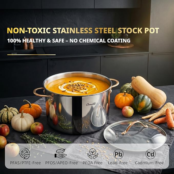 Ciwete Stock Pot 12 Quart, 18/10 Tri-Ply Stainless Steel Whole Clad Stock Pot with Lid, Seamless 12 QT Cooking Pot with Copper Handle, Healthy Stockpots, Induction, Gas, Oven and Dishwasher Safe - Image 2