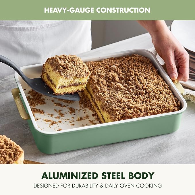 GreenPan Bakeware 13” x 9” Rectangular Cake Pan, Ceramic Nonstick Baking Pan, PFAS & BPA Free, Gold Handles, Durable Steel, Freezer to Oven Dish, Scratch Resistant, Bake & Roast Ovenware, Sage Green - Image 3