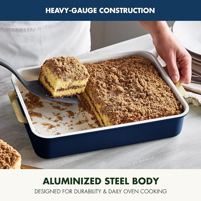 GreenPan Bakeware 13” x 9” Rectangular Cake Pan, Ceramic Nonstick Baking Pan, PFAS & BPA Free, Gold Handles, Durable Steel, Freezer to Oven Dish, Scratch Resistant, Bake & Roast Ovenware, Oxford Blue - Image 3