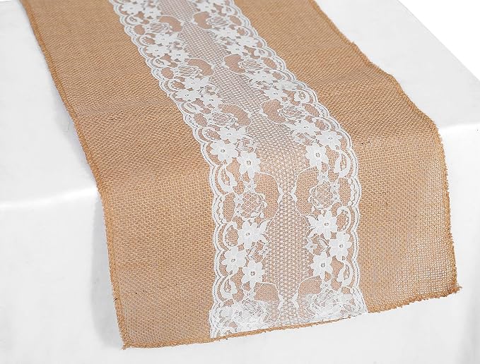 MDS 5 PCS 100% Natural Burlap Table Runners 12" x 72" with Lace, Rustic Farmhouse Country Vintage Boho Jute Runner for Wedding Reception Birthday Party Home Kitchen Dining Coffee Table Decoration by MDS