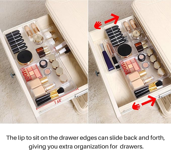 Oubonun Expandable Shallow Vanity Plastic Makeup Drawer Organizers, 4 Pack | Low Profile 1.3 Inch Height Clear Storage Tray - Scalable Width Customization Fits Cosmetic Lipsticks Brushes, Dressing Table - Image 3