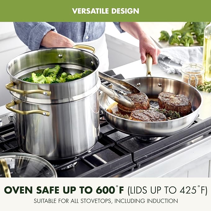 GreenPan Stainless Steel Cookware Set, 11 Piece, Induction Cookware, Dishwasher Safe, Oven Safe to 600F, Large 8QT Stock Pot, Sauce, Saute, Frying Pans, Pots & Pans Kitchen Essentials, Gold - Image 6