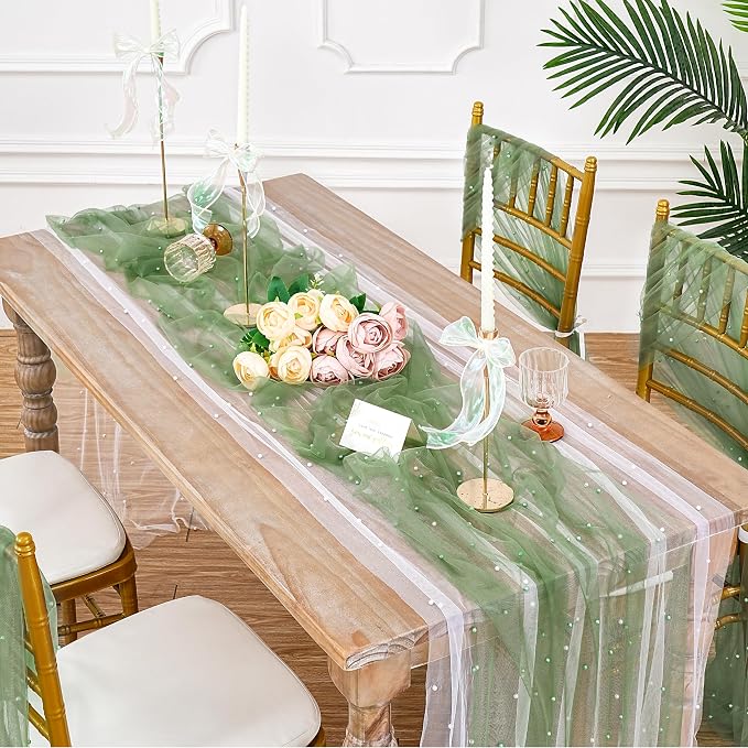 Pearl Table Runner Tulle Lace 10 ft Tulle Table Runners Pearl Sheer Table - Image 3