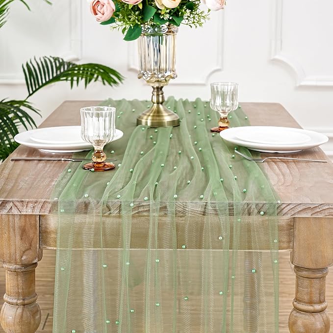 Pearl Table Runner Tulle Lace 10 ft Tulle Table Runners Pearl Sheer Table - Image 2