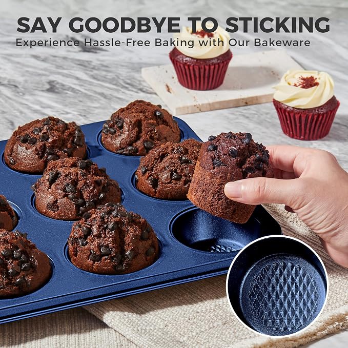 HONGBAKE 9-Piece Baking Pans Set Nonstick, Stackable Non Toxic Bakeware Sets with Diamond Texture, Oven Pan Set for Cooking, Includes Cookie Sheet with Rack, Cake Pan, Roasting Pan, Muffin Tin, Blue - Image 7